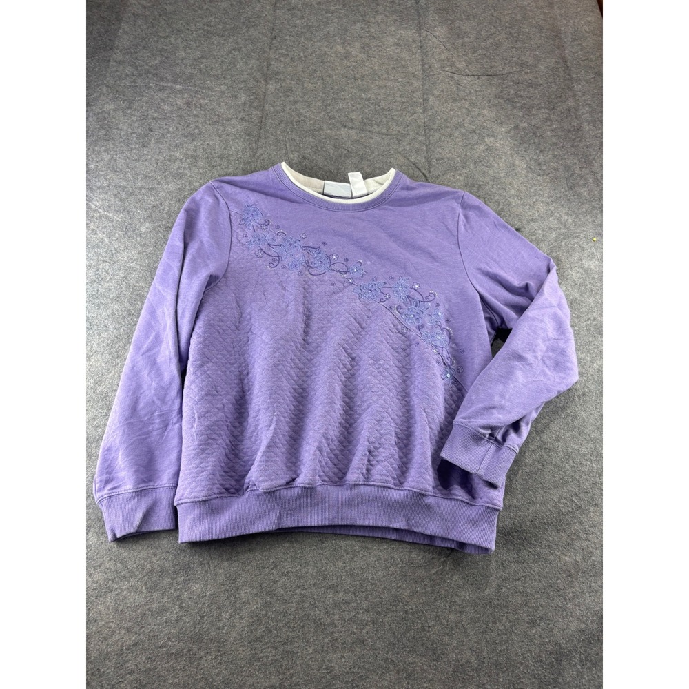 VTG Alfred Dunner Purple Floral Embroidered Quilted Front Sweatshirt L Grandma